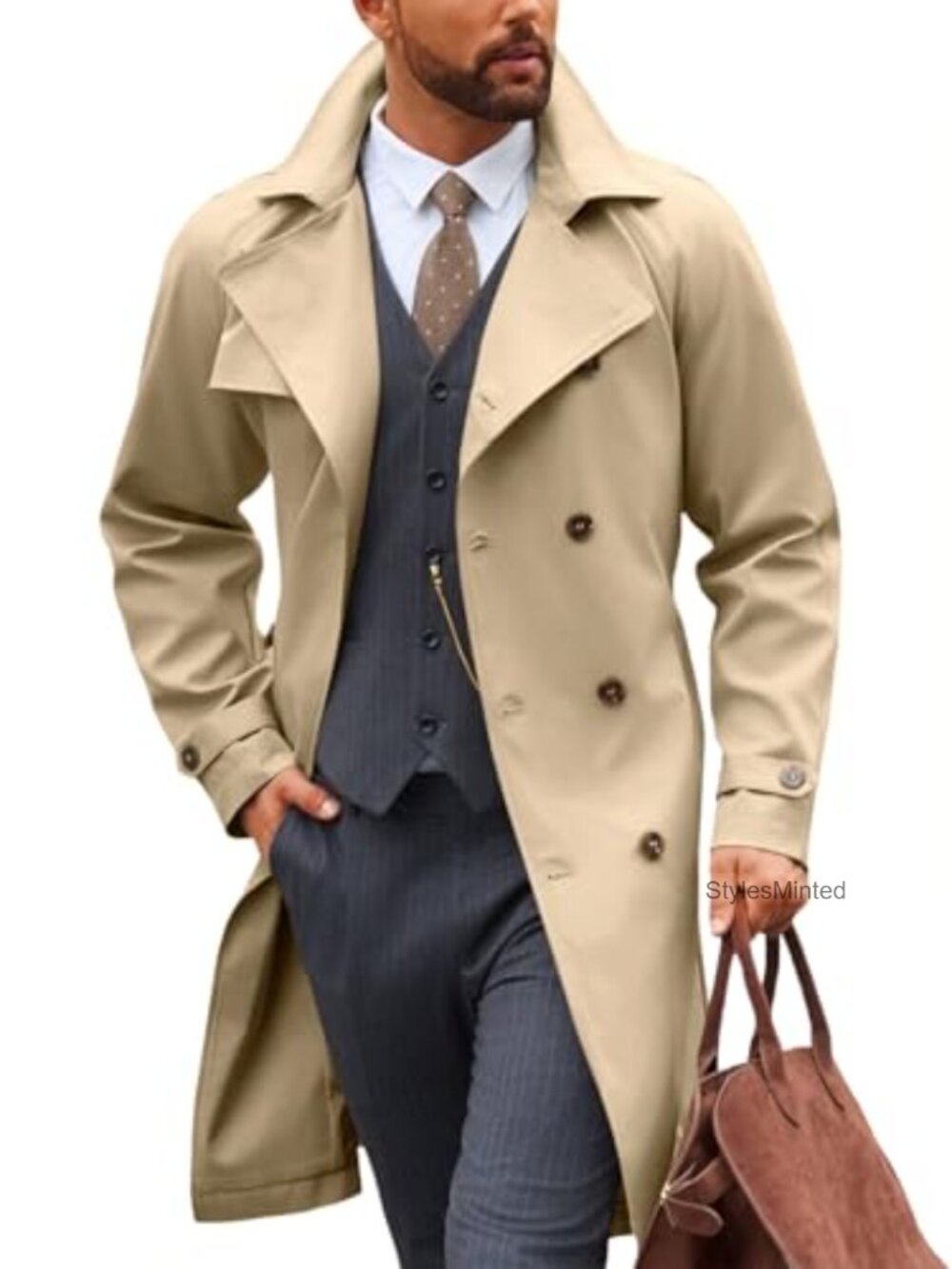 Men's Classic Double Breasted Trench Coat Belted Long Windbreaker Overcoat